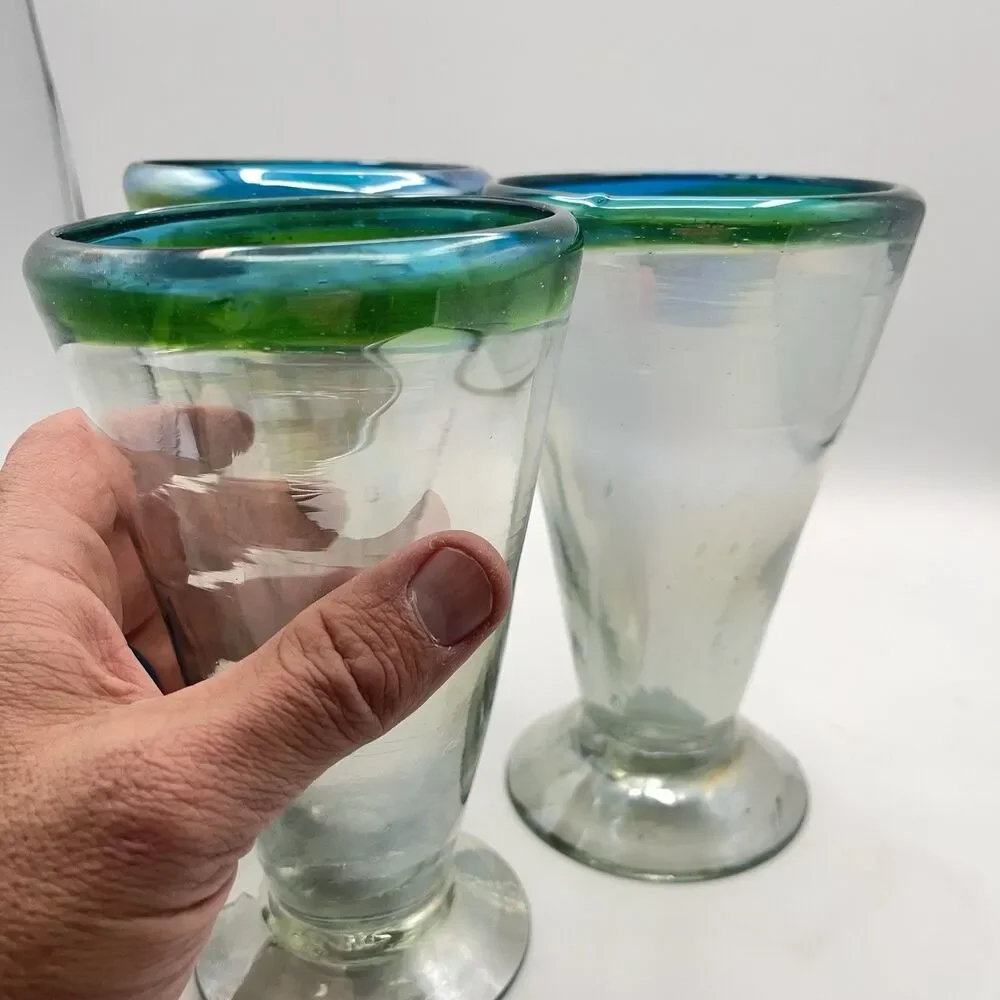 Three Hand Blown Stemware V-Shaped Glasses All Iridescent Green & Blue Band